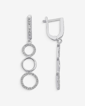 Triple Hoop Dangle Earrings - Shimmering Circles Earrings - Silver Triple Circle Cz Drop Earrings - Modern Jewelry For Women