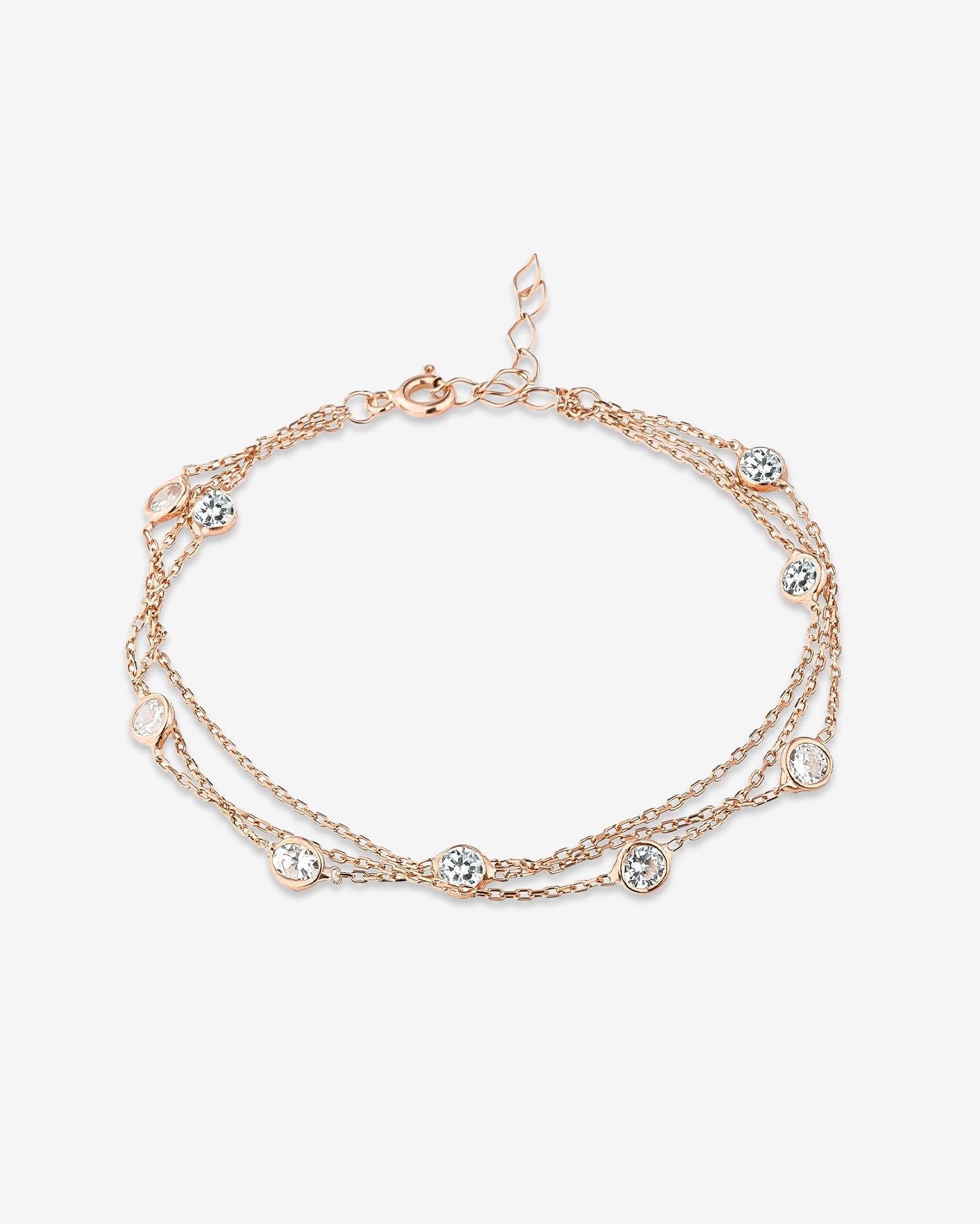 Zircon Beaded Triple Chain Bracelet - Rose Gold Plated Adjustable Bracelet - Everyday Style Dainty Jewelry - Minimalist Silver Bracelet