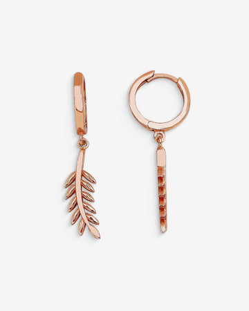 Minimalist Rose Gold Color Leaf Hoops - Feather Hoop Earrings - 925 Sterling Silver Jewelry - Mens Dangle Earrings - Leaf Dangle Earrings