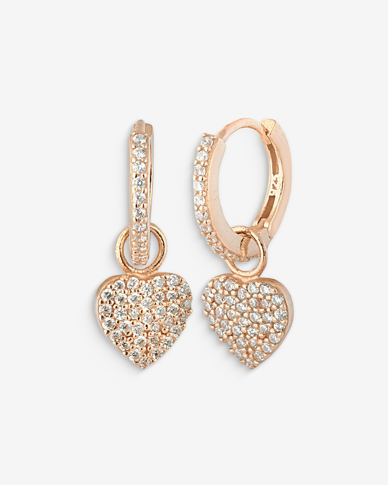 Small Pave Heart Charm Hoop Earrings - 925 Sterling Silver Cz Heart Charm Hoops - Dainty Minimalist Earrings - Delicate Rose Gold Earrings