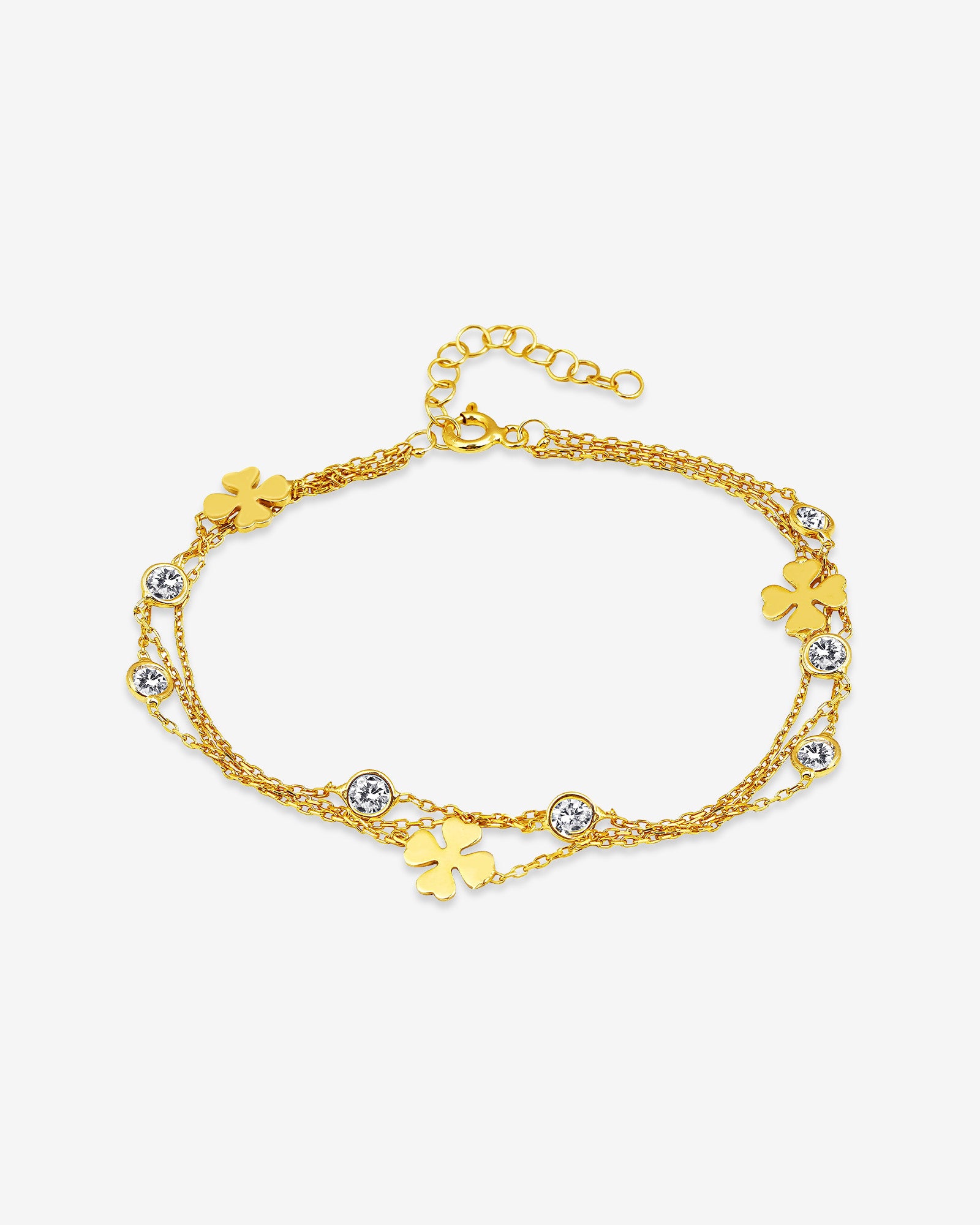Gold Color 3 Layer Chain Bracelet - Multi-row Shamrock & Cz Bezel Bracelet - 3 Layer Four Leaf Clover Bracelet With Round Zirconia