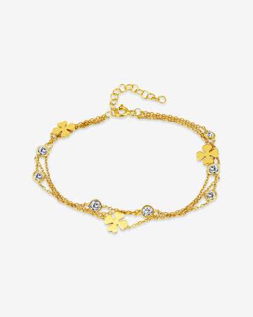Gold Color 3 Layer Chain Bracelet - Multi-row Shamrock & Cz Bezel Bracelet - 3 Layer Four Leaf Clover Bracelet With Round Zirconia