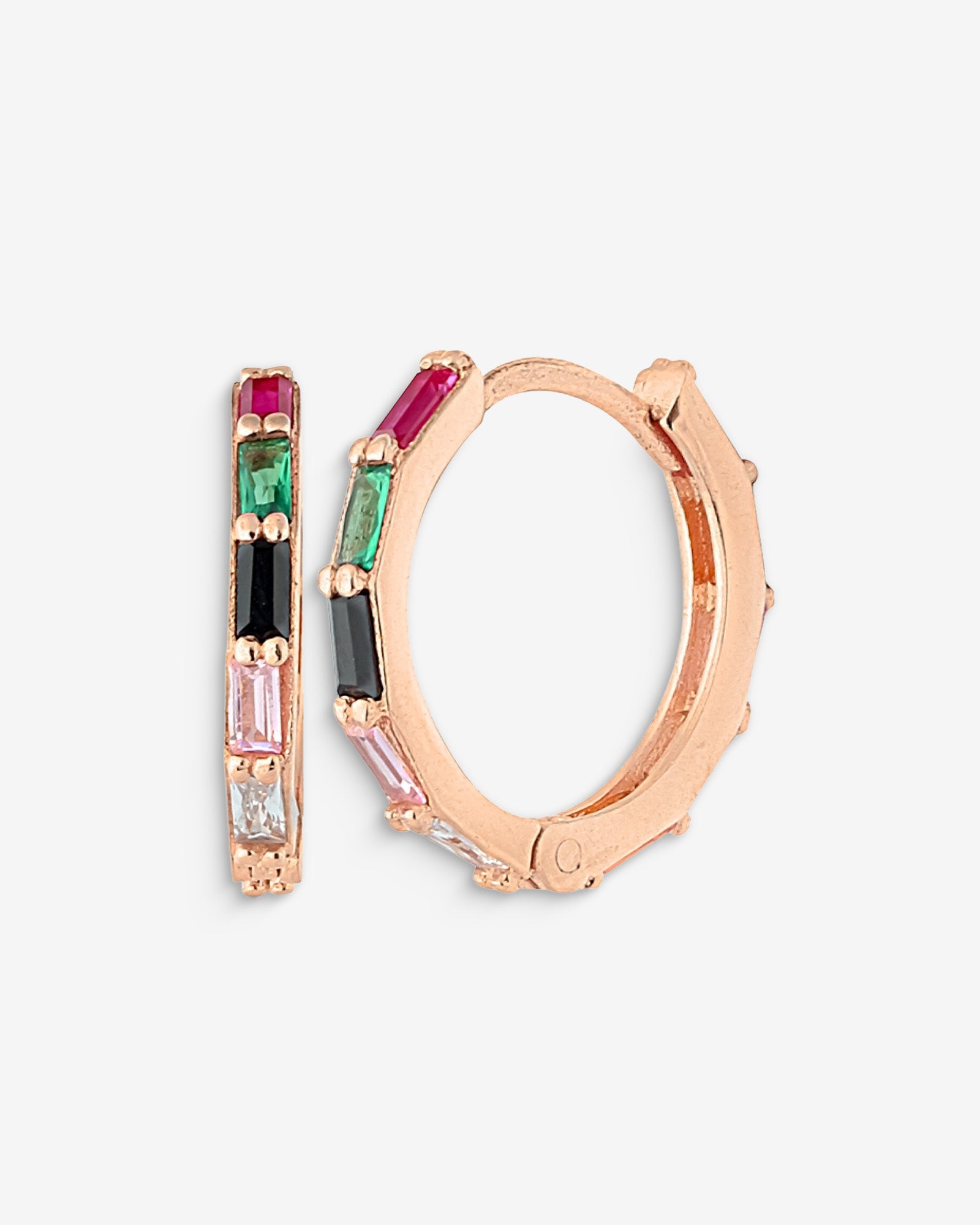 Rainbow Zircon Huggie Earrings - Rose Gold Hoops - Multi Coloured Gemstones In Sterling Silver Round Earrings