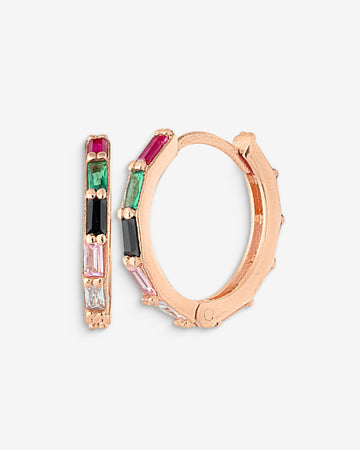Rainbow Zircon Huggie Earrings - Rose Gold Hoops - Multi Coloured Gemstones In Sterling Silver Round Earrings