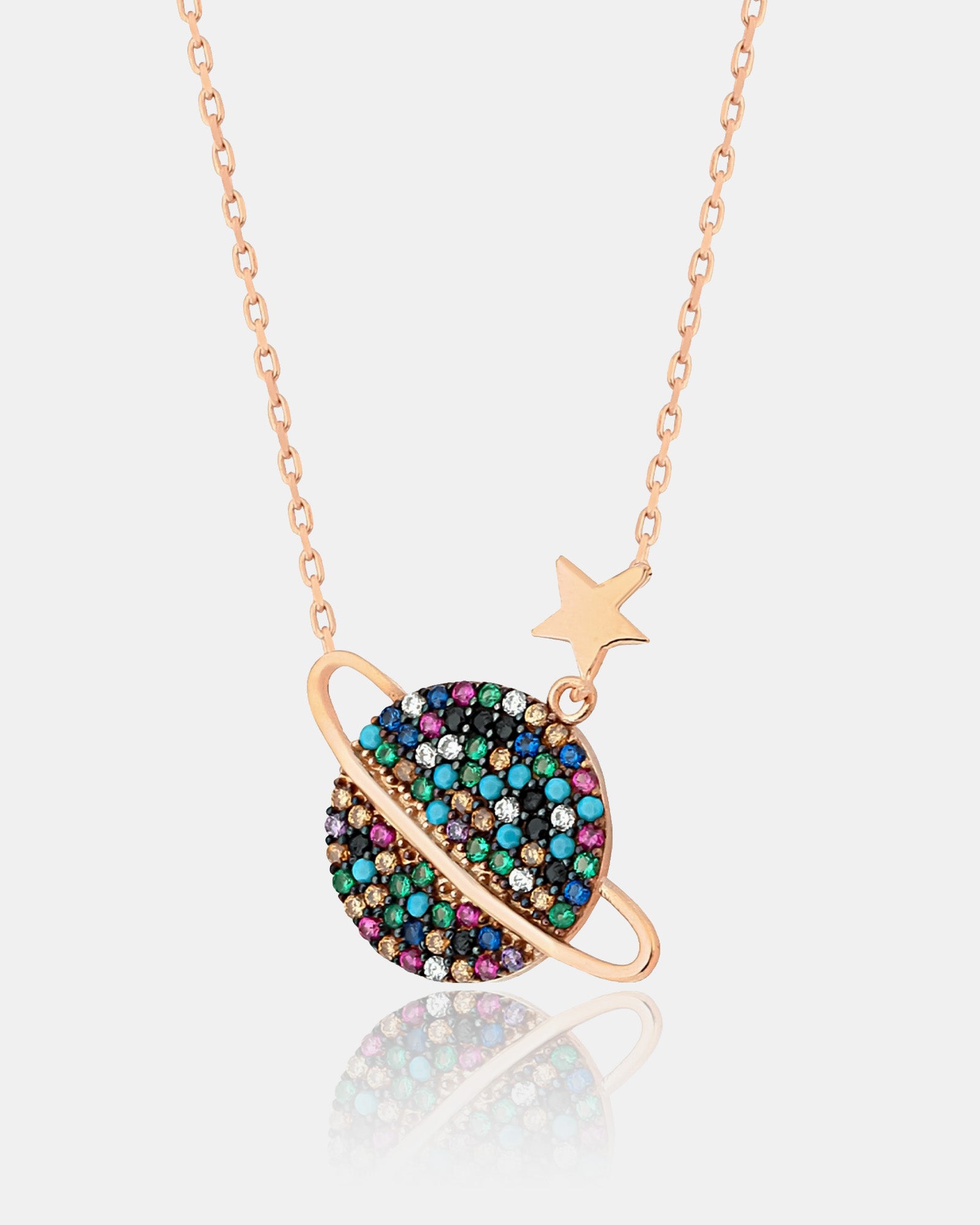 Saturn & Star Charm Necklace - Sterling Silver Planet Necklace With Multicolor Zirconia - Dainty Galaxy Necklace - Minimalist Celestial Gift