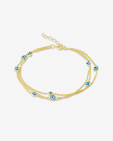 Evil Eye Bracelet With Blue Beads - Spiritual Bracelet - Gold Color Triple Chain Jewelry - Protection & Positive Energy - Summer Jewelry