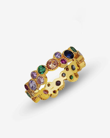 Fancy Rainbow Ring - Multicolor Zirconia Ring - Colorful Cz Crystal Ring - Gold Plated Jewelry - Dazzling Statement Ring