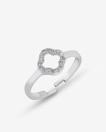 Engraved Sterling Silver Four Leaf Clover Ring - Cz Clover Ring - Adjustable Lucky Ring - - Art Deco Ring