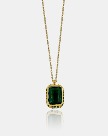 Baguette Cut Emerald Necklace , Gold Framed Gothic Black Gem Pendant , Handmade Timeless Jewelry , Emerald Cut Solitaire Silver Necklace