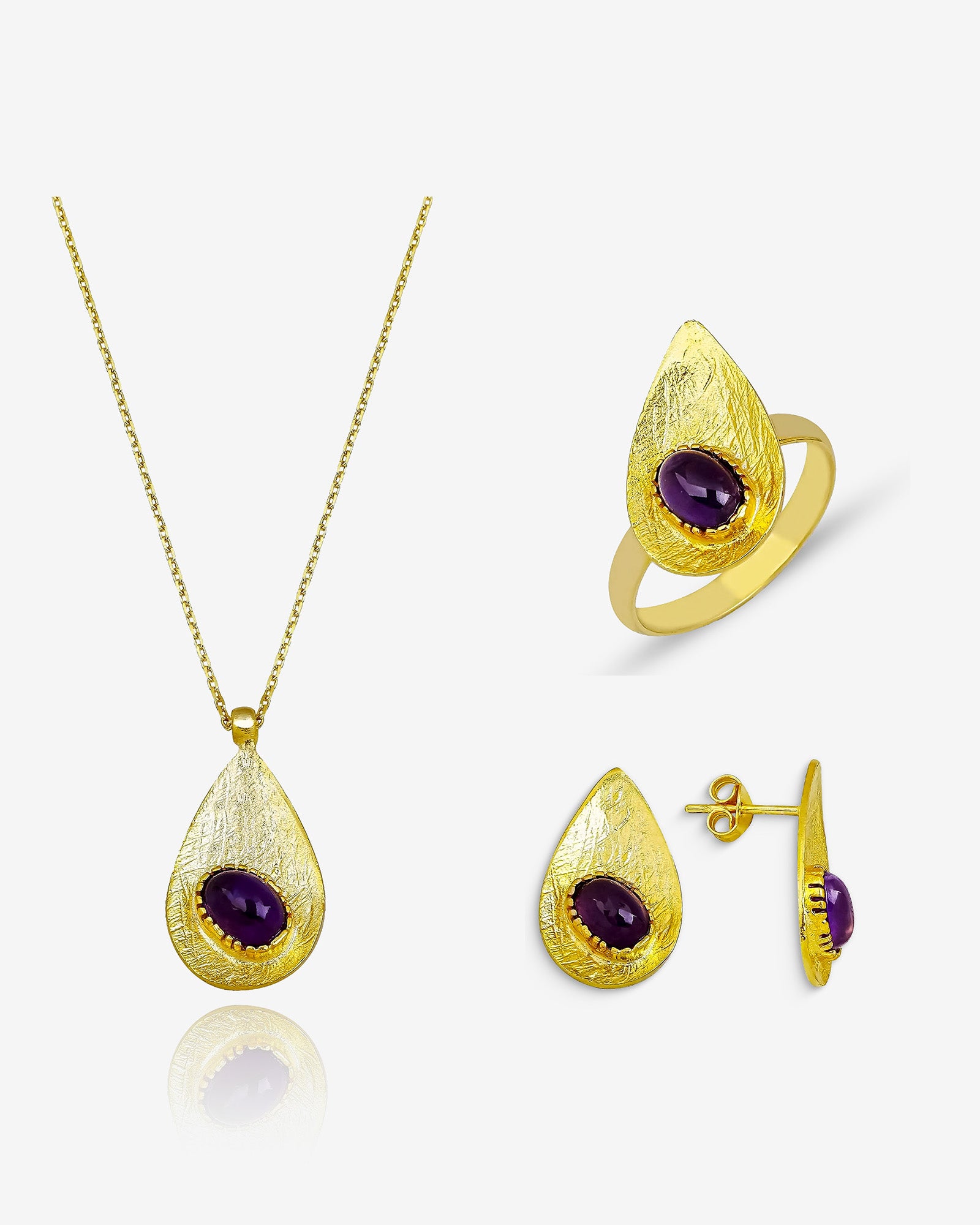 Handcrafted Silver Teardrop Birthstone Set - Necklace, Ring, Earrings - Large Teardrop Birthstone Trio Matching Set - Perfect Gift Idea