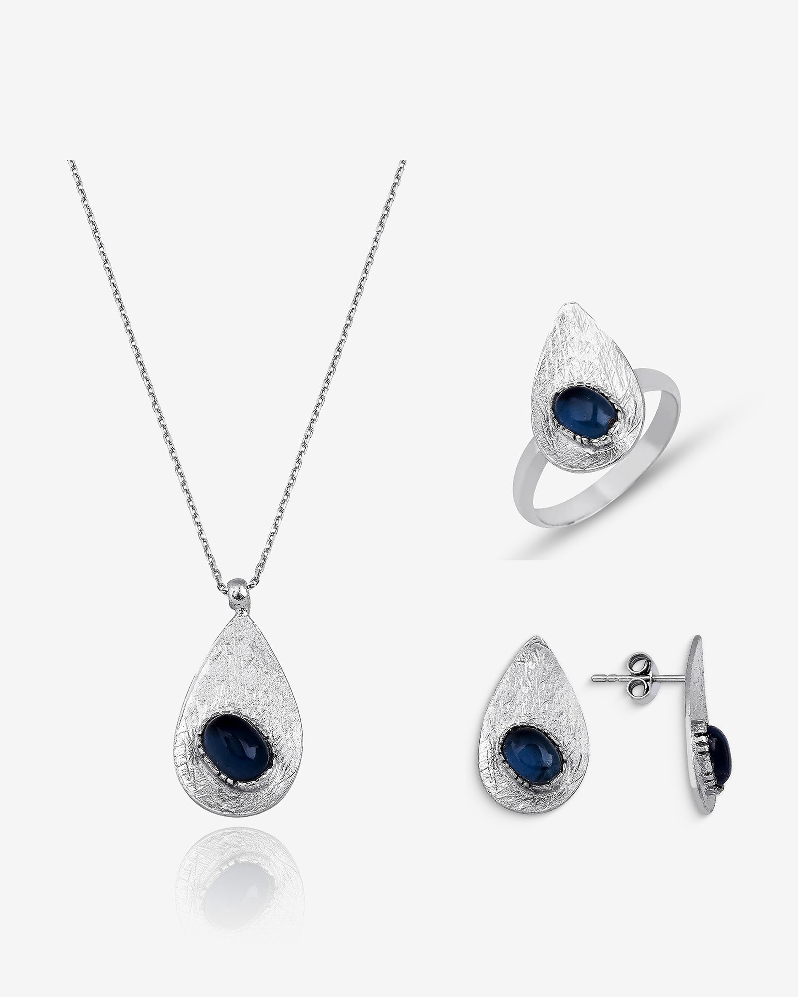 Handcrafted Silver Teardrop Birthstone Set - Necklace, Ring, Earrings - Large Teardrop Birthstone Trio Matching Set - Perfect Gift Idea