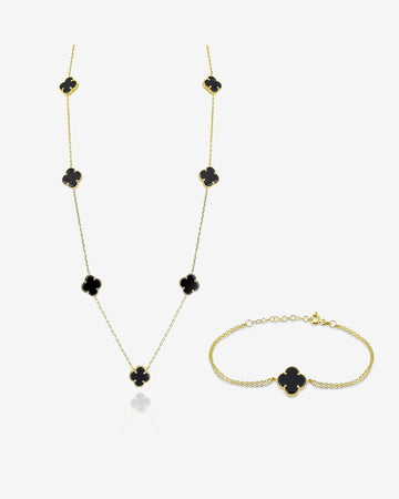 Modern Lucky Clover Charm Necklace & Bracelet Set , Personalized Lucky Clover Jewelry Set, Gemstone Color And Chain Options