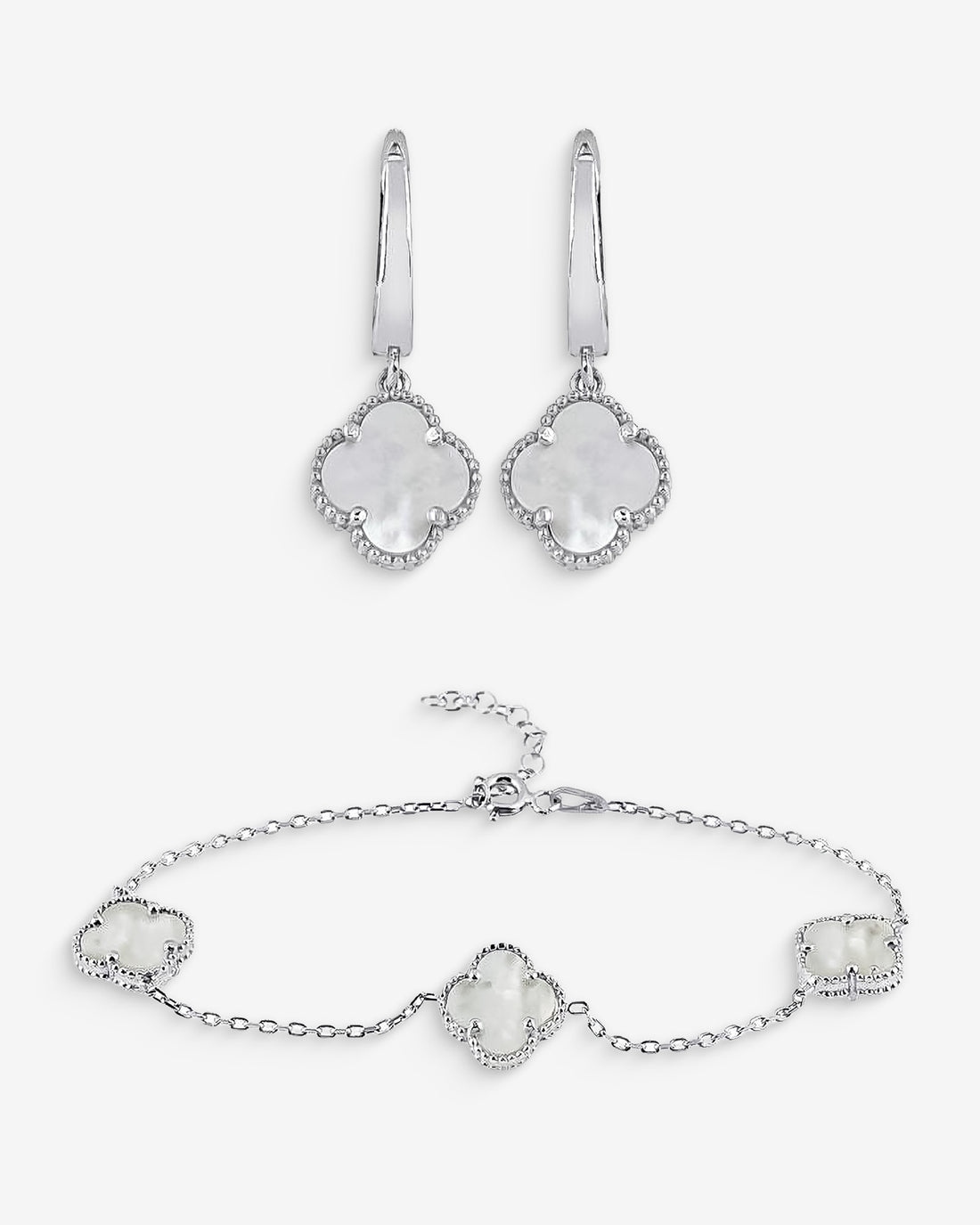 Lucky Clover Jewelry Set , Elegant Four Leaf Clover Bracelet & Earrings , Personalized Clover Jewelry Set , Gemstone Color And Chain Options