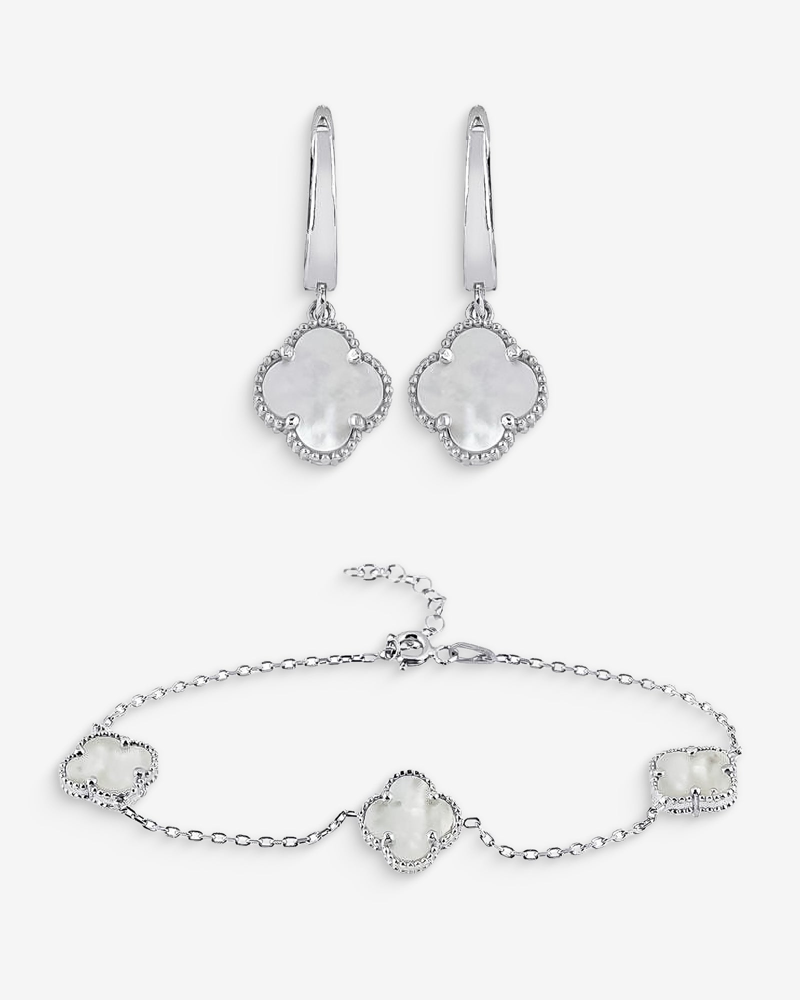 Lucky Clover Jewelry Set , Elegant Four Leaf Clover Bracelet & Earrings , Personalized Clover Jewelry Set , Gemstone Color And Chain Options