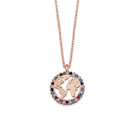 Multi Colored World Pendant Sterling Silver Necklace