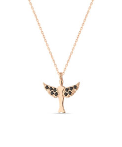Silver Catholic Angel Wing Pendant Necklace - Black