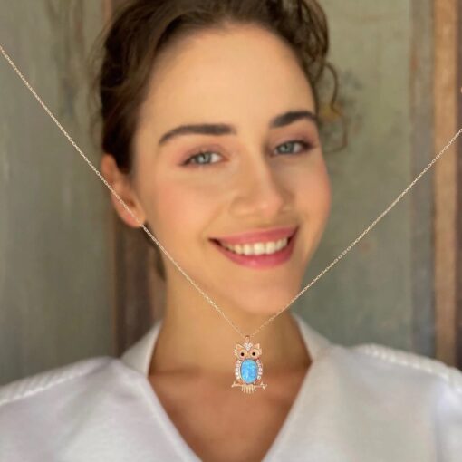 Blue Opal Owl Pendant - Rose Gold - Image 2