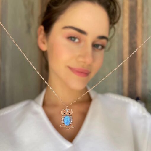 Blue Opal Owl Pendant - Rose Gold - Image 3