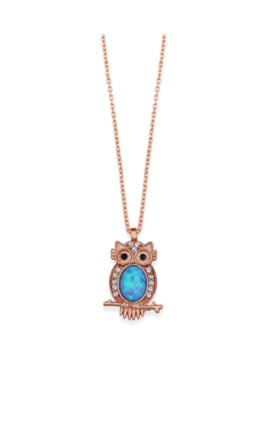 Blue Opal Owl Pendant - Rose Gold