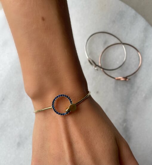 Cubic Zirconia Circle Cuff Bracelet - Gold & Sapphire - Image 2