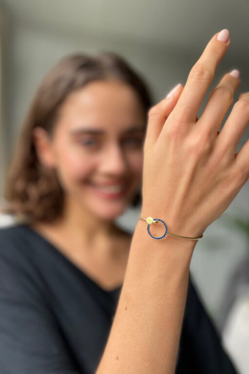 Cubic Zirconia Circle Cuff Bracelet - Gold & Sapphire - Image 3