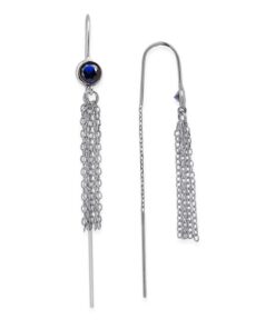 Silver Chain Tassel Earrings - Sapphire Gemstone