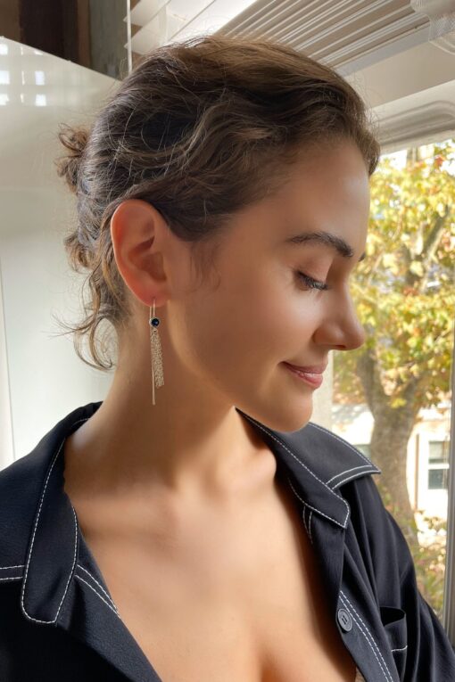 Silver Chain Tassel Earrings - Sapphire Gemstone - Image 3