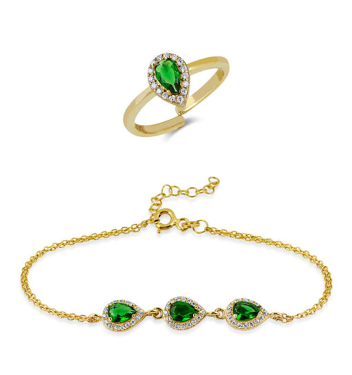 CZ Teardrop Jewelry Set - Gold & Emerald