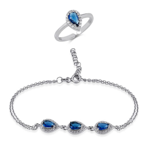 CZ Teardrop Jewelry Set - Silver & Sapphire