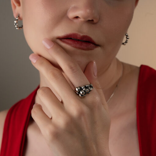 Handmade Beaded Bubble Hoop Earrings - Silver - Image 4