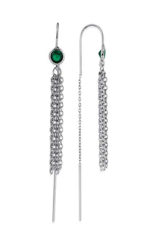 Silver Chain Tassel Earrings - Emerald Gemstone