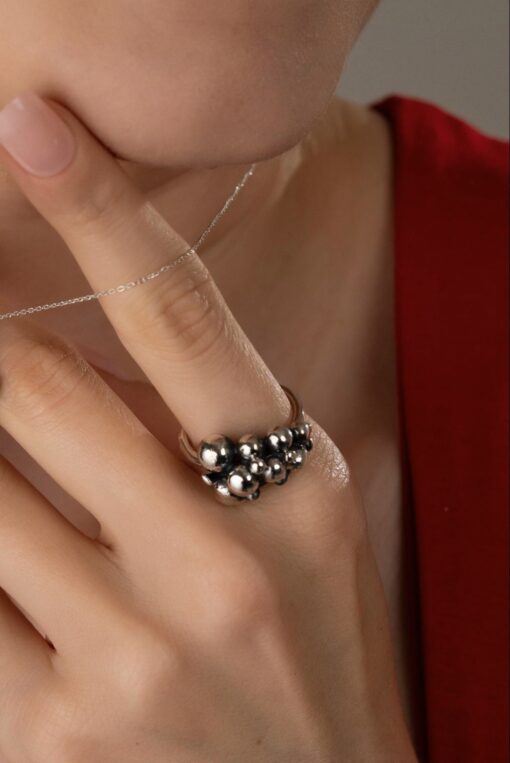Chunky Silver Bead Cluster Ring - Silver - Image 3