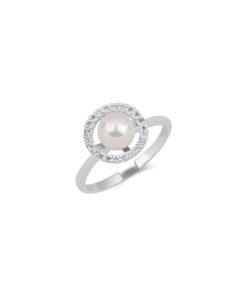 Vintage Zirconia Frame Pearl Ring - Silver