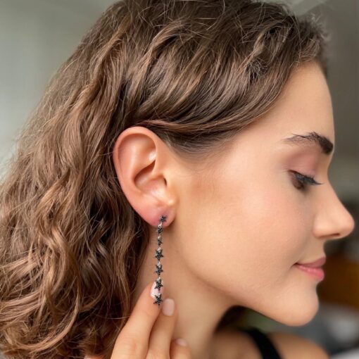 Star Lariat Dangle Earrings - Silver & Black - Image 3