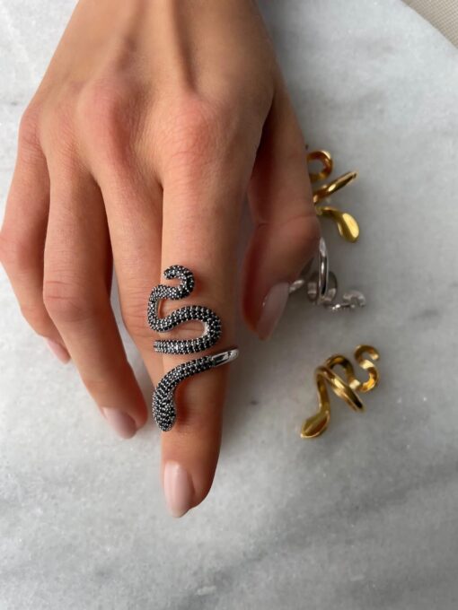 Glamorous Snake Ring - Silver & Black - Image 2